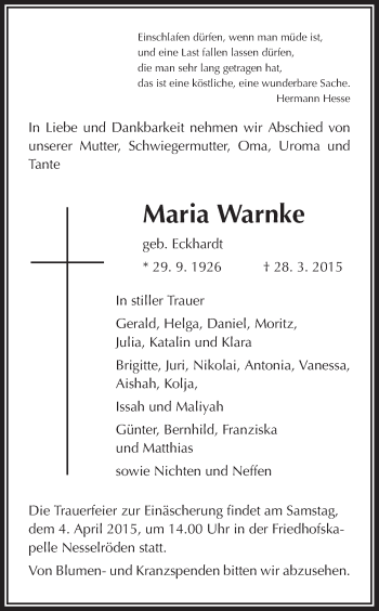 Traueranzeige von Maria Warnke von Eschwege