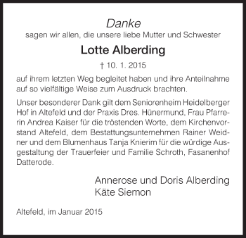 Traueranzeige von Lotte Alberding von Eschwege