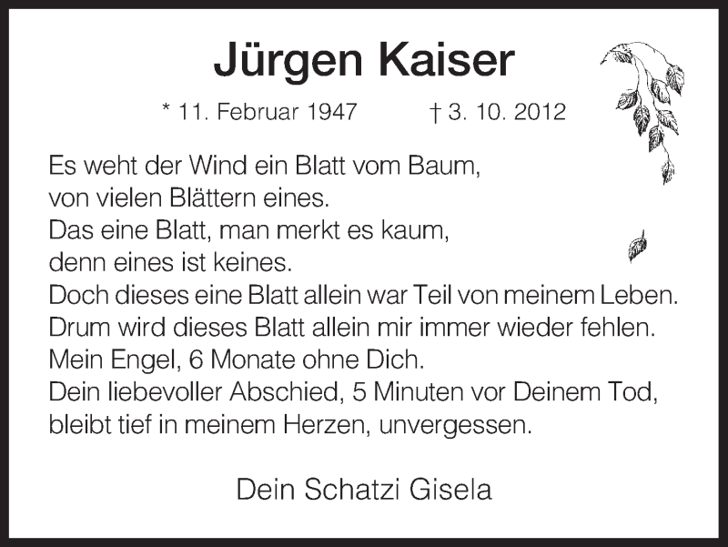  Traueranzeige für Jürgen Kaiser vom 03.04.2013 aus Eschwege