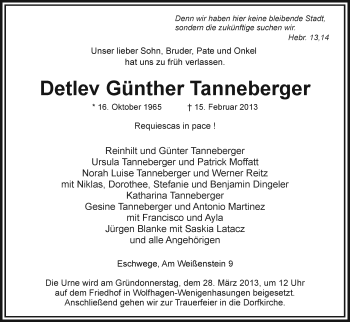 Traueranzeige von Detlev Günther Tanneberger von Eschwege