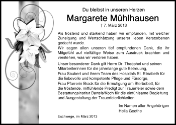 Traueranzeige von Margarete Mühlhausen von Eschwege