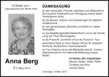 Traueranzeige von Anna Berg von Eschwege