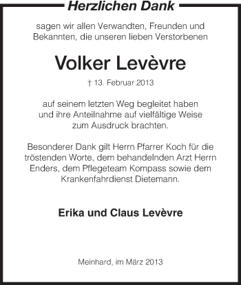 Traueranzeige von Volker Levèvre von Eschwege