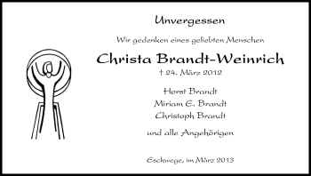Traueranzeige von Christa Brandt-Weinrich von Eschwege