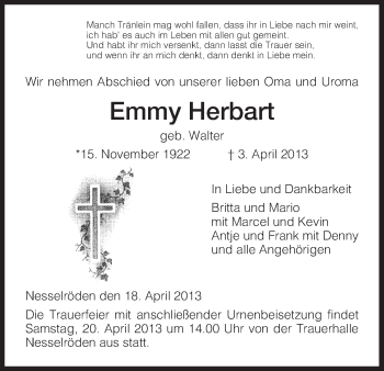 Traueranzeige von Emmy Herbart von Eschwege