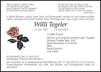 Traueranzeige von Willi Tegeler von Eschwege