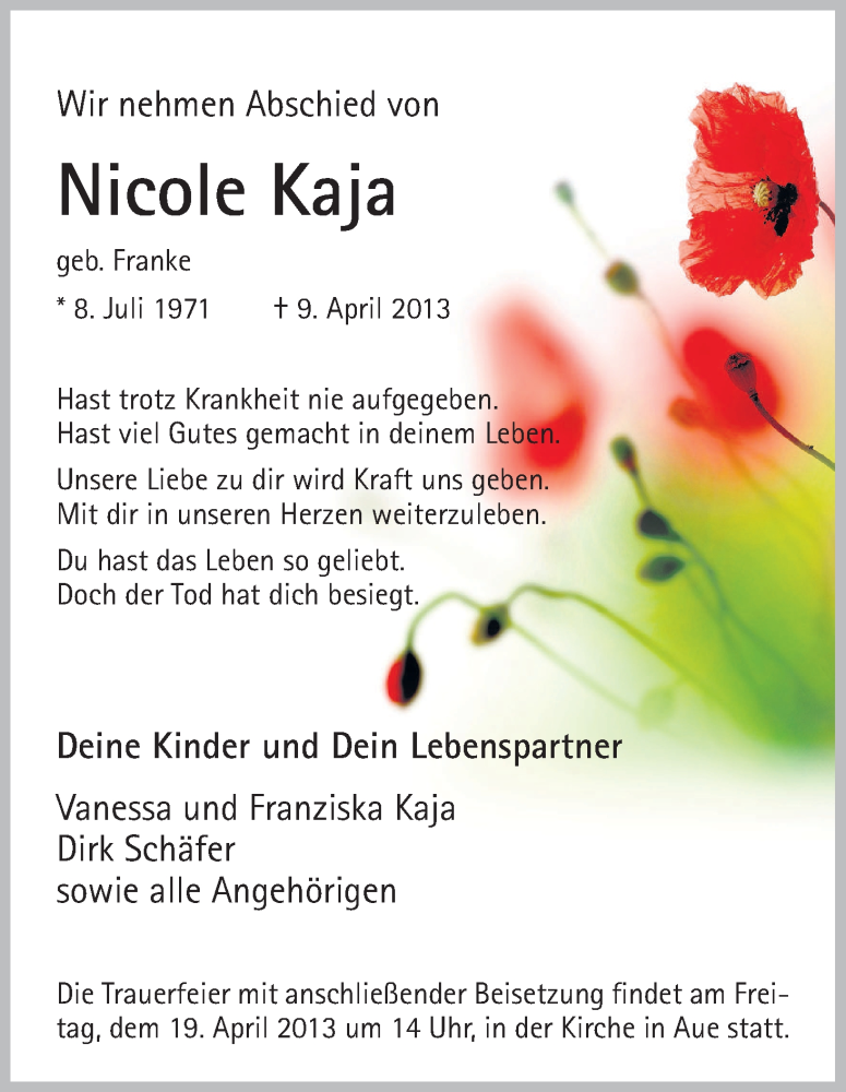  Traueranzeige für Nicole Kaja vom 17.04.2013 aus Eschwege