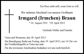 Traueranzeige von Irmgard Braun von Eschwege