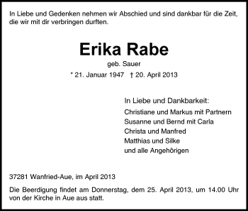 Traueranzeige von Erika Rabe von Eschwege