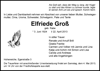 Traueranzeige von Elfriede Groß von Eschwege