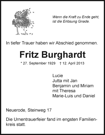 Traueranzeige von Fritz Burghardt von Eschwege