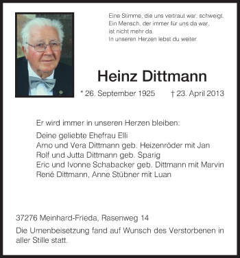 Traueranzeige von Heinz Dittmann von Eschwege