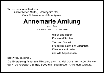 Traueranzeige von Annemarie Amlung von Eschwege