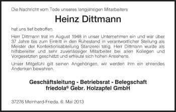 Traueranzeige von Heinz Dittmann von Eschwege