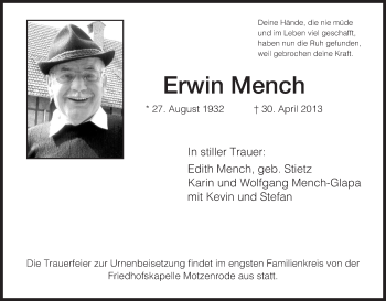 Traueranzeige von Erwin Mench von Eschwege