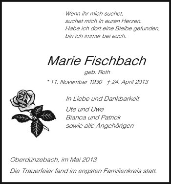 Traueranzeige von Marie Fischbach von Eschwege