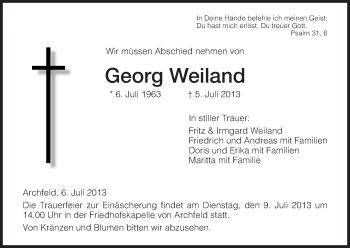 Traueranzeige von Georg Weiland von Eschwege