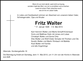 Traueranzeige von Fritz Walter von Eschwege