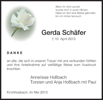 Traueranzeige von Gerda Schäfer von Eschwege