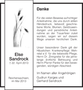 Traueranzeige von Else Sandrock von Eschwege