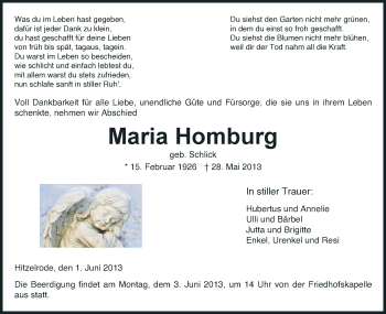 Traueranzeige von Maria Homburg von Eschwege