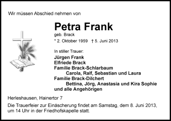 Traueranzeige von Petra Frank von Eschwege