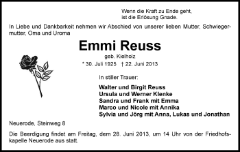 Traueranzeige von Emmi Reuss von Eschwege