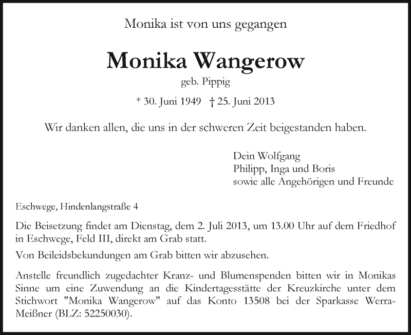  Traueranzeige für Monika Wangerow vom 29.06.2013 aus Eschwege