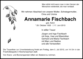 Traueranzeige von Annamarie Fischbach von Eschwege