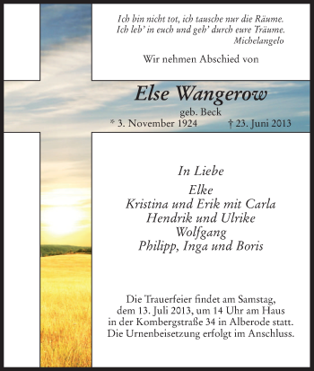 Traueranzeige von Else Wangerow von Eschwege