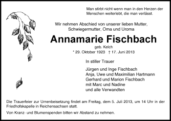 Traueranzeige von Annemarie Fischbach von Eschwege