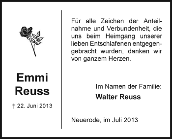 Traueranzeige von Emmi Reuss von Eschwege