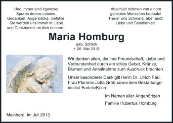 Traueranzeige von Maria Homburg von Eschwege