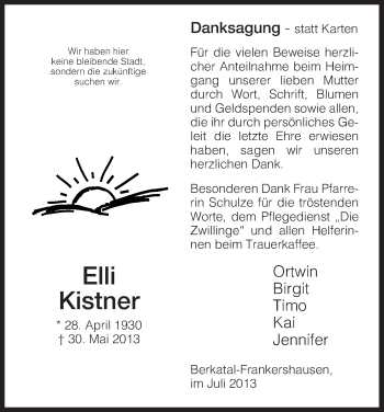 Traueranzeige von Elli Kistner von Eschwege