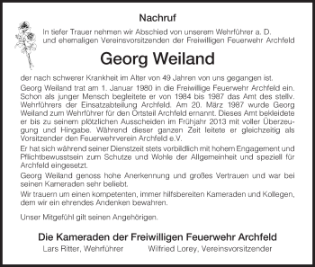 Traueranzeige von Georg Weiland von Eschwege