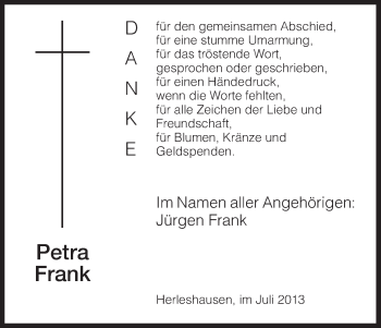 Traueranzeige von Petra Frank von Eschwege