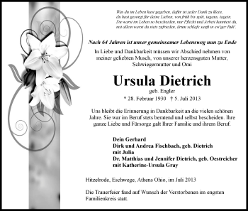 Traueranzeige von Ursula Dietrich von Eschwege