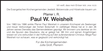 Traueranzeige von Paul Weisheit von Eschwege