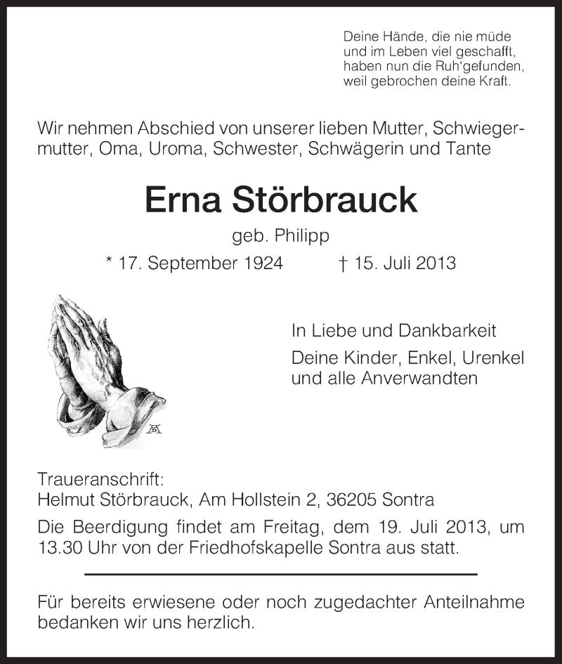  Traueranzeige für Erna Störbrauck vom 18.07.2013 aus Eschwege