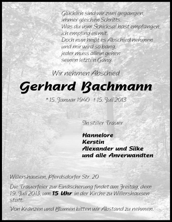 Traueranzeige von Gerhard Bachmann von Eschwege