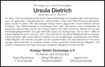 Traueranzeige von Ursula Dietrich von Eschwege