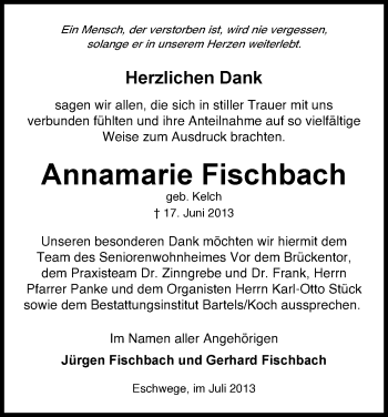 Traueranzeige von Annamarie Fischbach von Eschwege