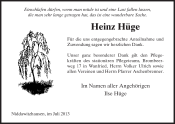 Traueranzeige von Heinz Hüge von Eschwege