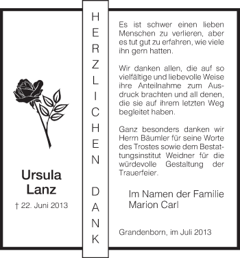 Traueranzeige von Ursula Lanz von Eschwege