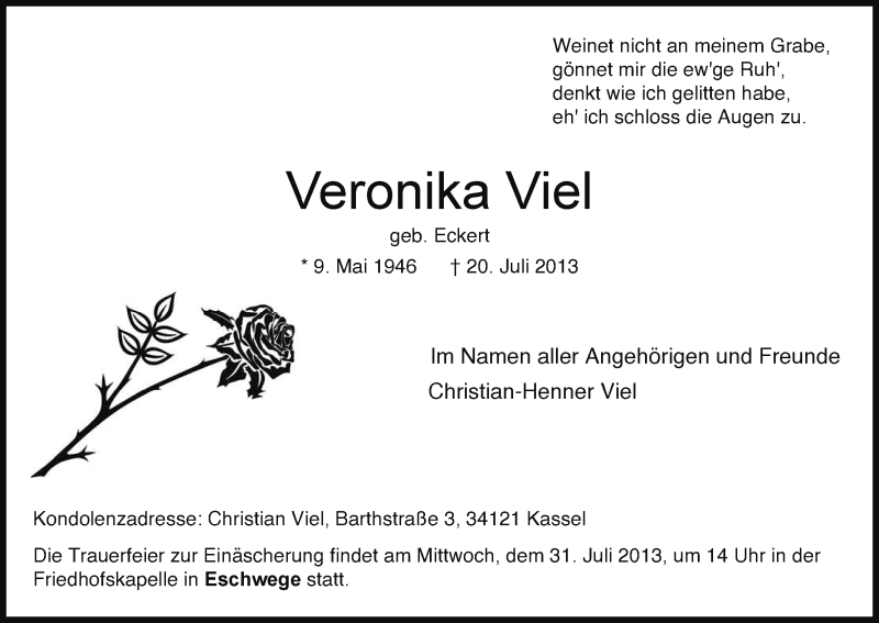  Traueranzeige für Veronika Viel vom 27.07.2013 aus Eschwege