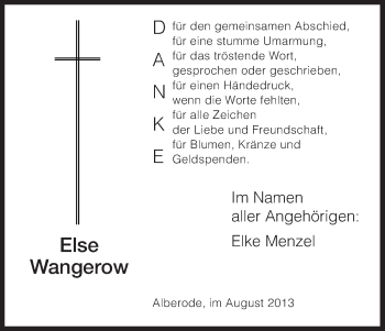 Traueranzeige von Else Wangerow von Eschwege