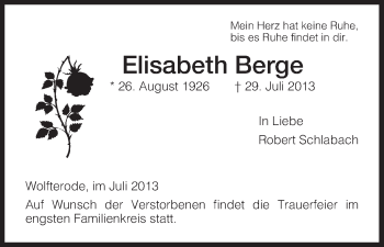 Traueranzeige von Elisabeth Berge von Eschwege