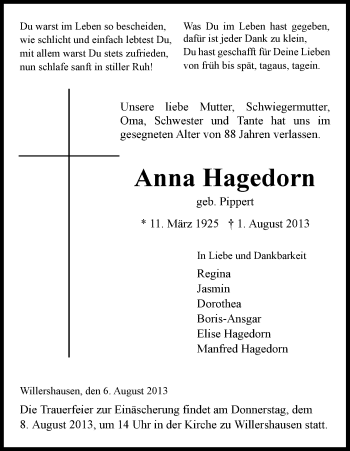 Traueranzeige von Anna Hagedorn von Eschwege