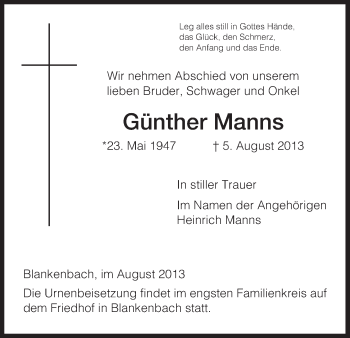 Traueranzeige von Günther Manns von Eschwege