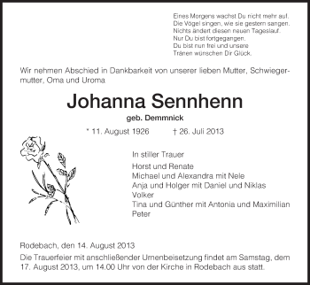 Traueranzeige von Johanna Sennhenn von Eschwege